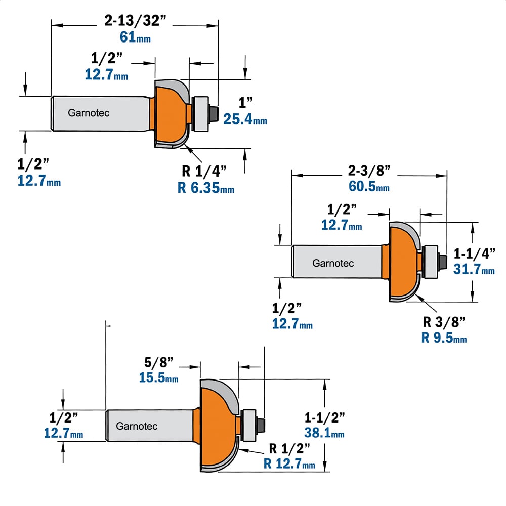 3-delige bolle radiusfreesset met kogellager, HW