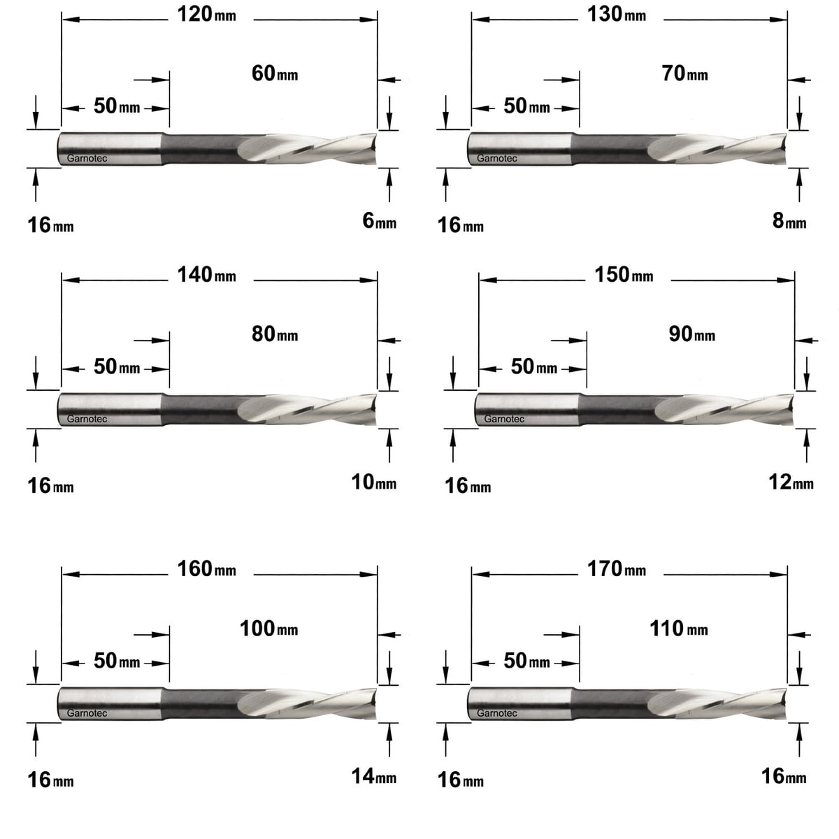 Set van 6 rechte langgatboren, links