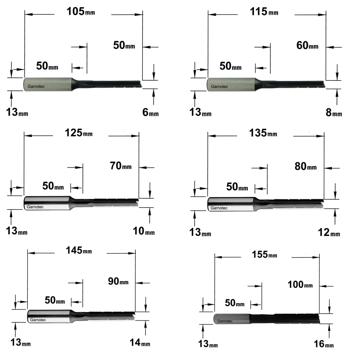 Set van 6 rechte langgatboren, rechts