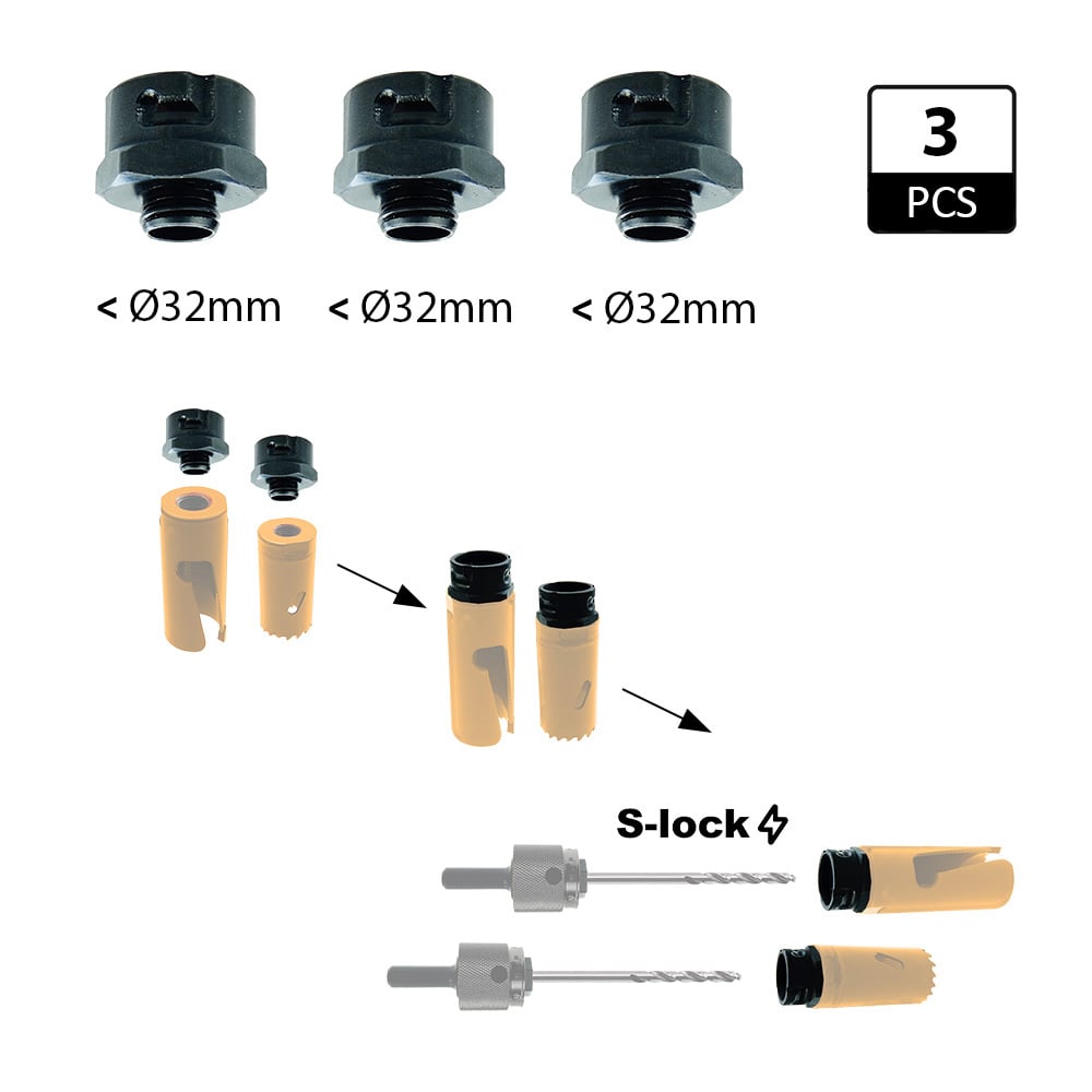 Adapters (3x) voor alle type gatzagen < 32mm - GRN
