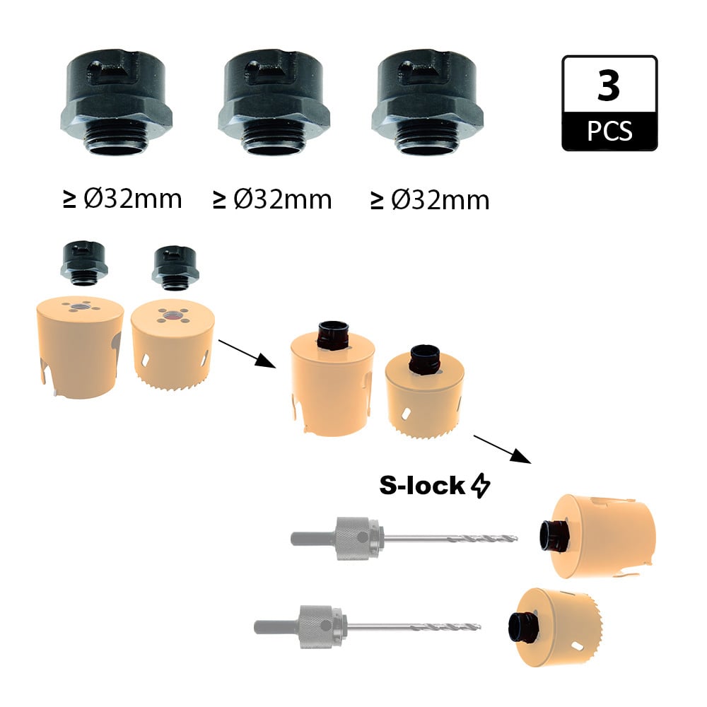 Adapters (3x) voor alle type gatzagen >= 32mm - GRN