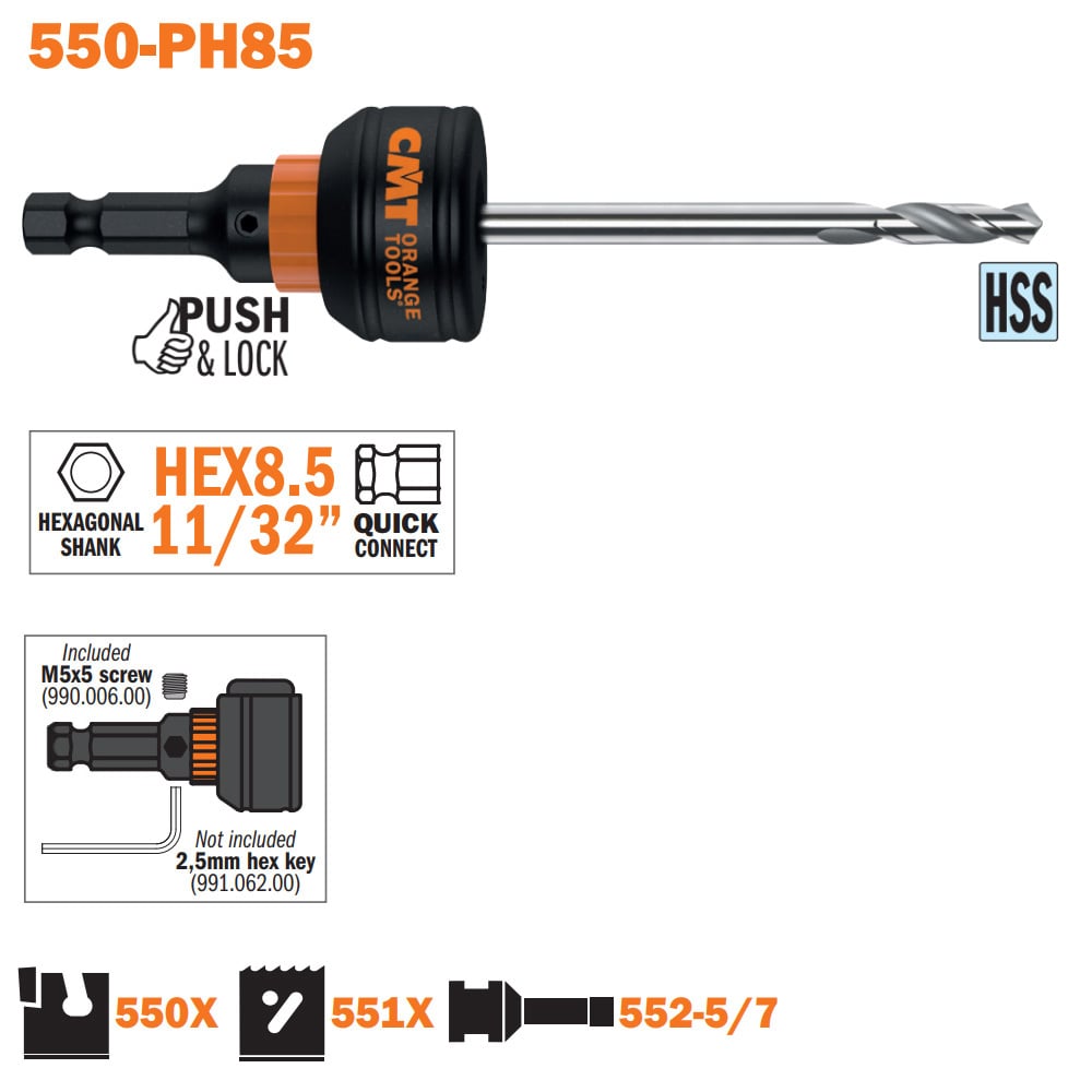 Snelwisselhouder met HSS boor, opname HEX 8,5