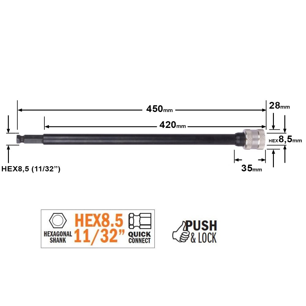 Verlengstuk met zeskantschacht aansluiting PUSH&LOCK, CMT