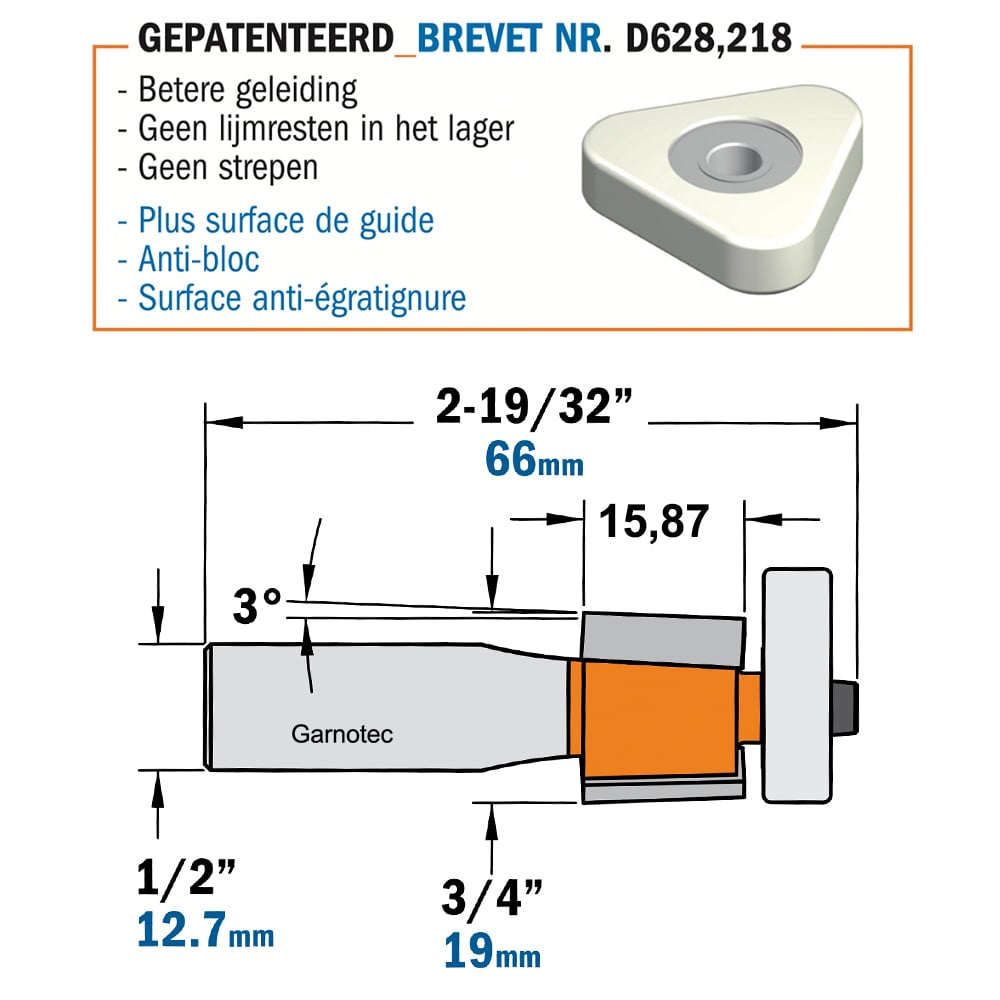 Kantenfrees 3° met Delrin" lager", HW