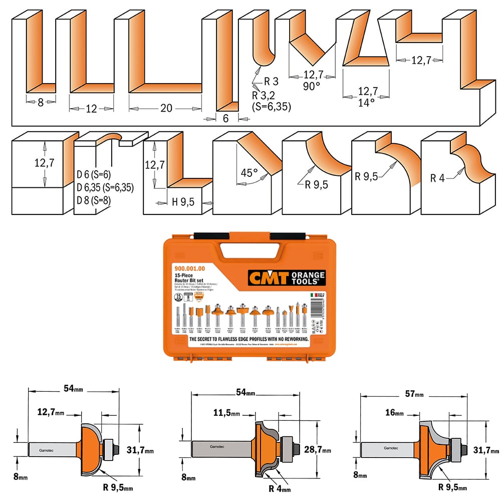 15-delige bovenfrezenset in oranje opbergkoffer, HW