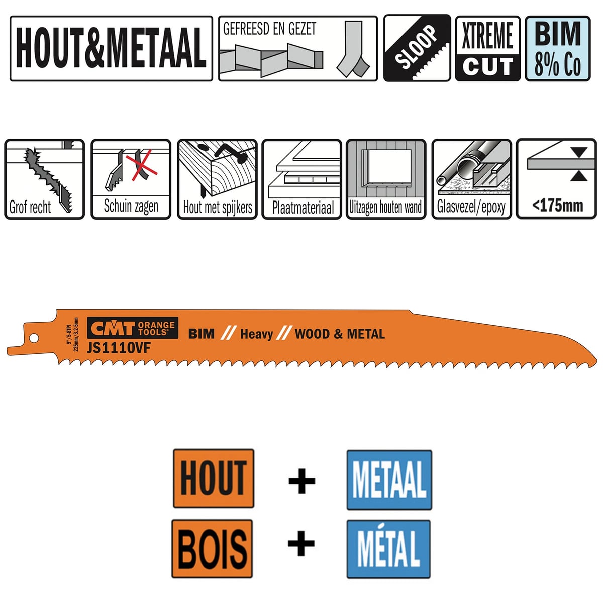 Reciprozaagblad Bi-metaal 225mm x 1,6 x 5-10TPI