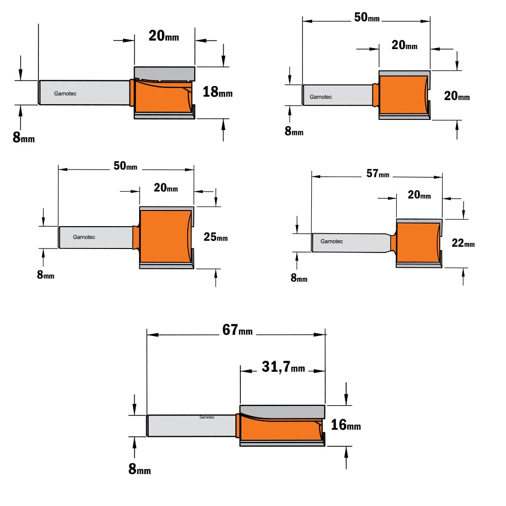 5-delige frezenset in pvc kistje, HW